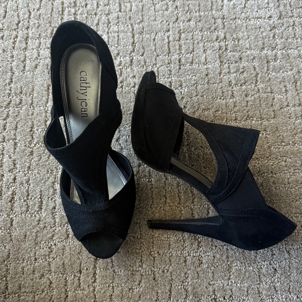 Cathy Jean Black Suede Peep-Toe Cutout Platform Heels